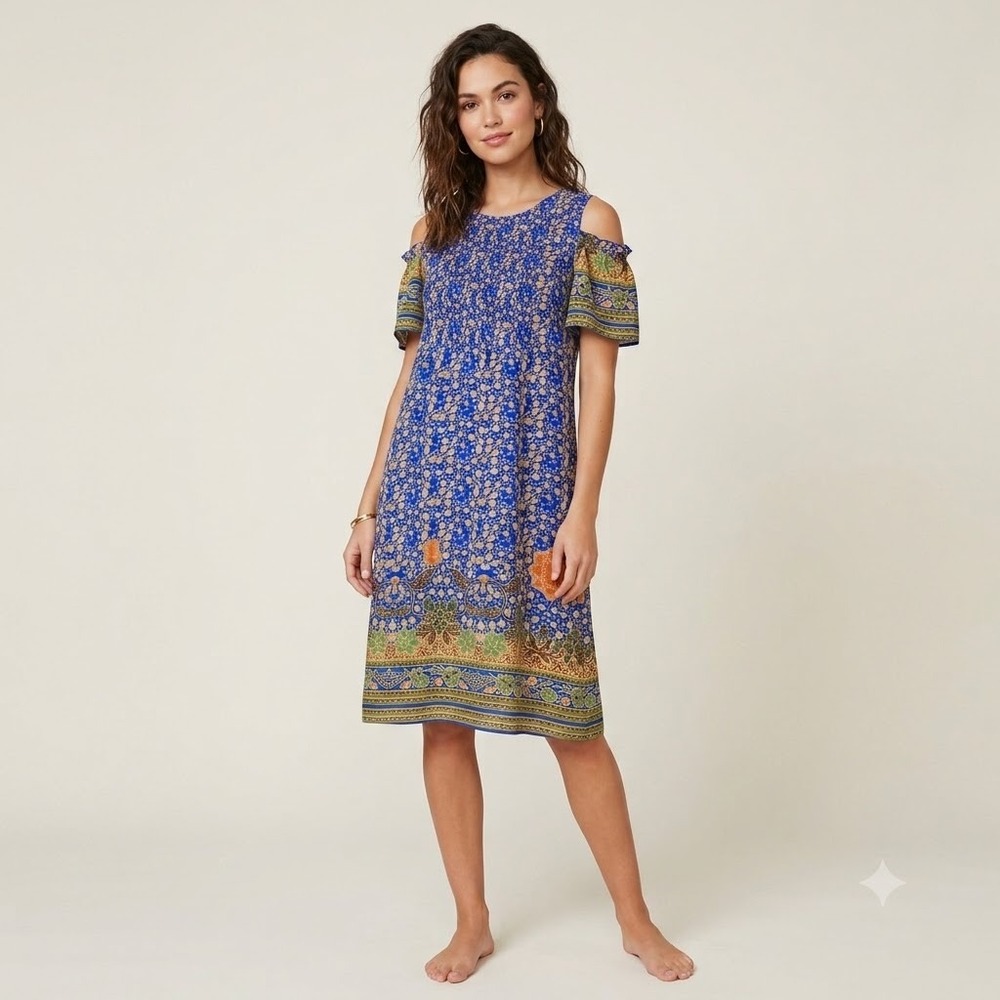 Rabbit Rabbit Rabbit Dress Womens 4 Blue Cold Shoulder Smocked Boho Peasant